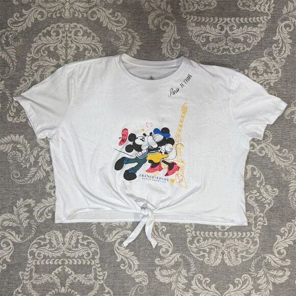 Disney Mickey & Minnie Paris Je T'aime Women's Crop Top 2XL White - Picture 1 of 7